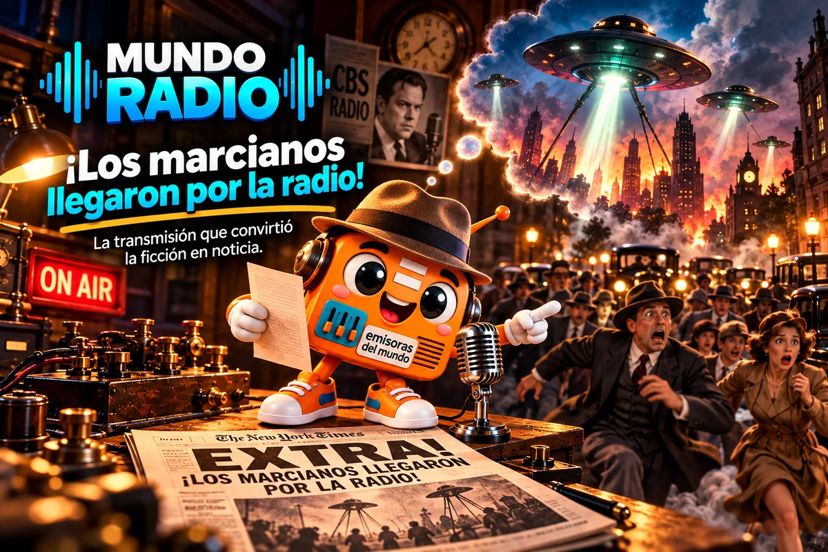 Rady, con sombrero de los años treinta, transmite una ficción de invasión marciana mientras personas imaginan naves espaciales.